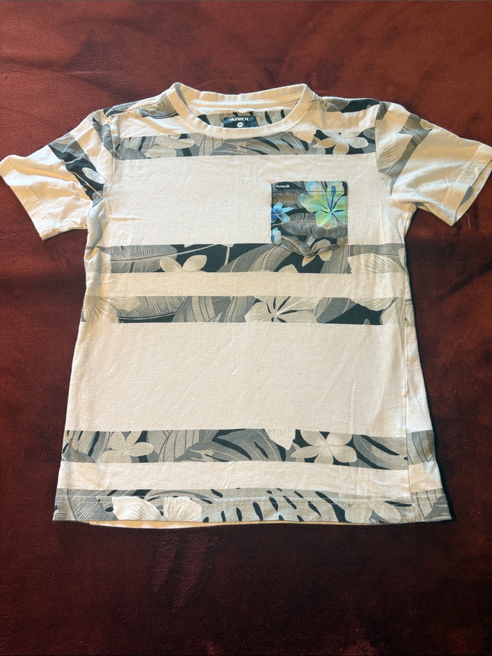 Hurley Cream Tee with Green Floral Stripe and Pocket